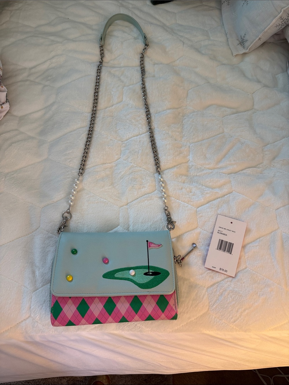 Betsey Johnson Playful Mint & Pink Crossbody Bag with Golf Motif